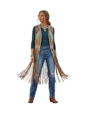 Fashion Express Southwestern Studded Long Fringe Vest Duster size Large